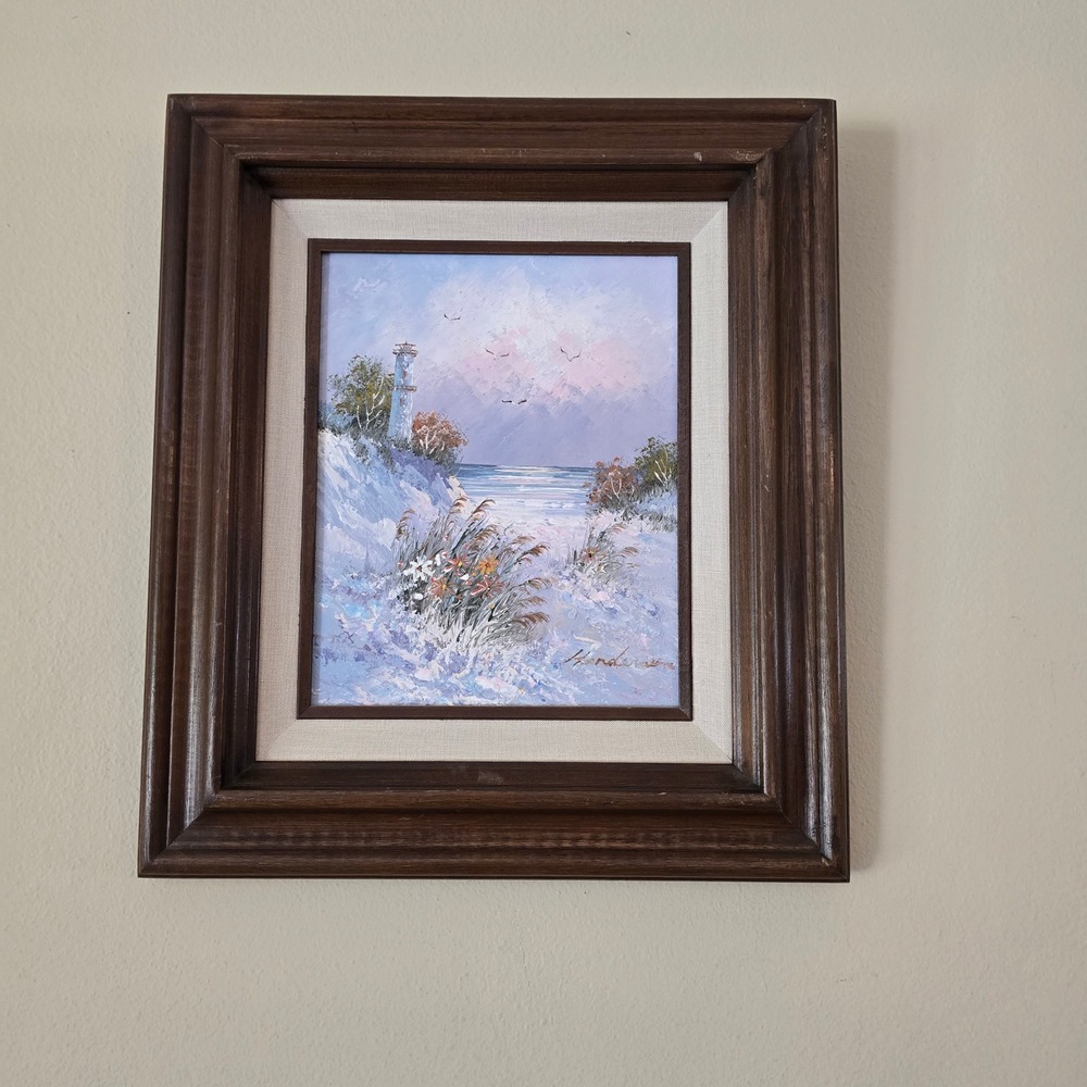 Henderson‎ Signed Original Oil Painting Lighthouse Coastal Beach Scene Framed